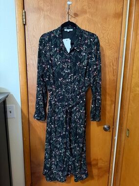 DR2 Black Floral Long-Sleeve Tie-Waist Shirt Dress size xl NWT
